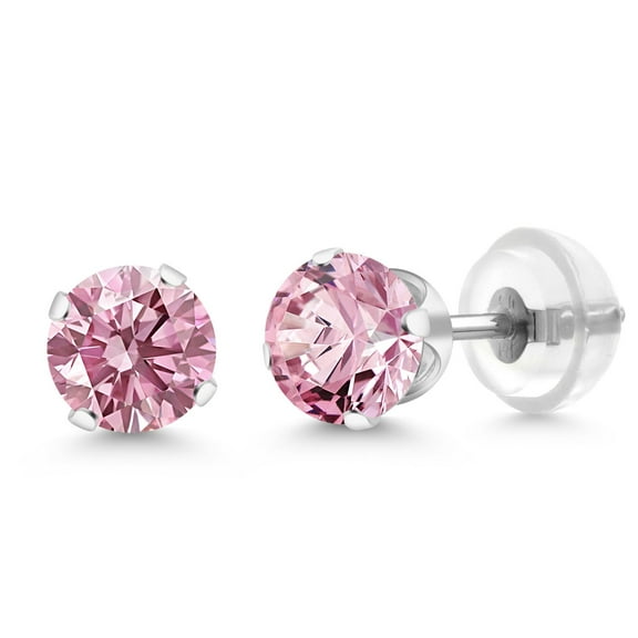 Gem Stone King 14K White Gold Pink Lab Grown Diamond Stud Earrings for Women | 1.00 Cttw | Gemstone April Birthstone | Round 5MM
