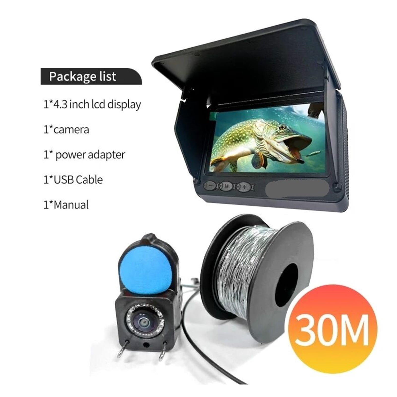 4.3 inch Display Endoscope Camera Waterproof Underwater Night Vision Fish Finder HD 1080P Inspection Borescope Camera 15m/30m Waterproof Underwater Fish Finder