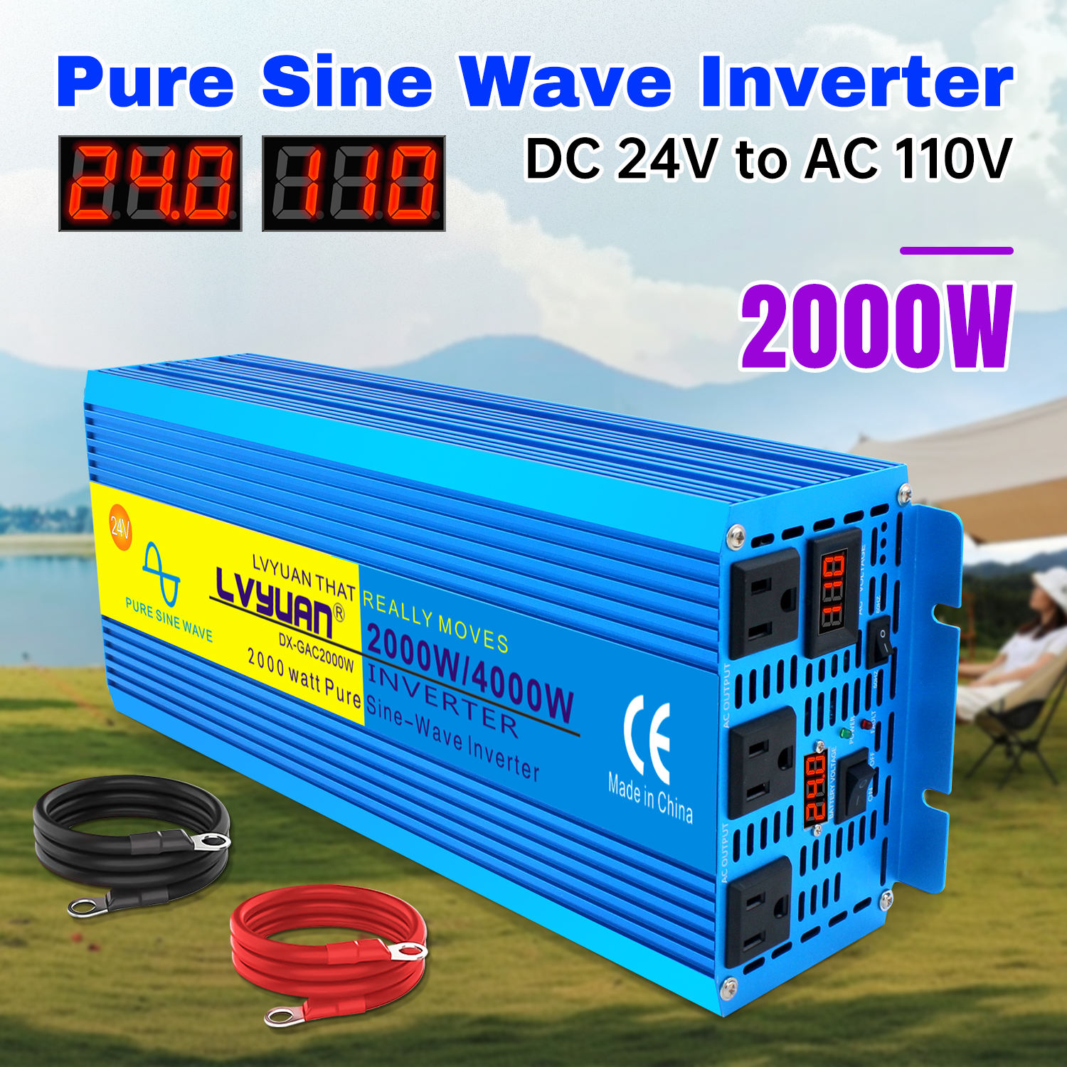 LVYUAN 2000W 4000W Peak Power Inverter DC 24V to AC 110V Pure Sine Wave Car Battery Inverter 3 AC Outlets Charger Adapter LCD Display for Car, RV, Truck, Camping, Home Backup, Emergency Power
