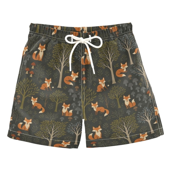 FORMRS Boys Swim Trunks Quick Dry Mesh Lining Beach Boardshorts, Sizes XS-XL, Green Forest Fox Pattern