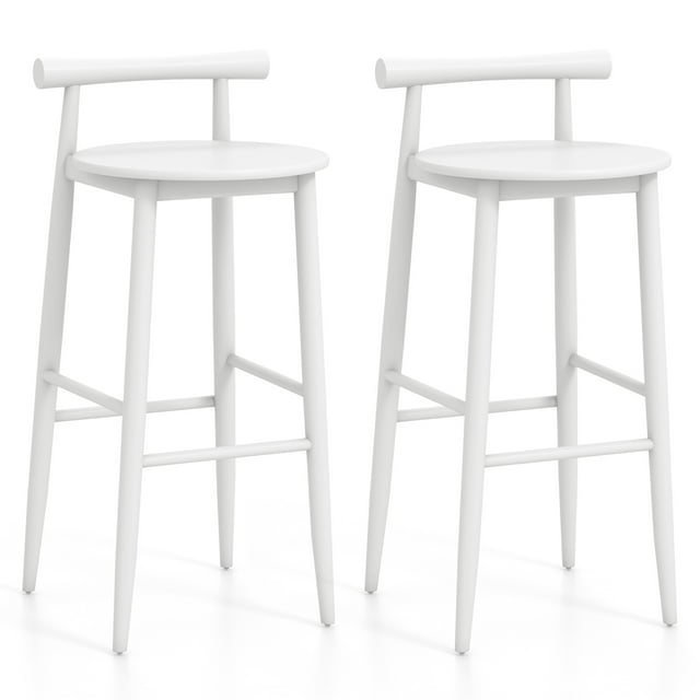 Gymax Bar Height Stools Set of 2 Bar Chair w/ Acacia Wood Frame Supporting Legs White