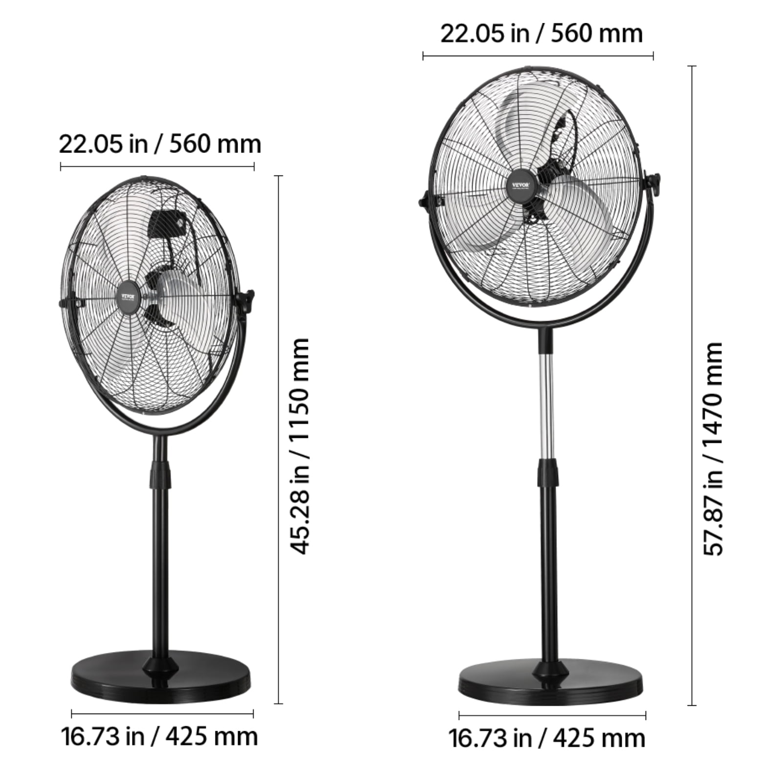 VEVOR Industrial Pedestal Fan, 18 Inch Standing Fan with 45.3 to 57.9 Inches Adjustable Height, Floor Fans with 3 Adjustable Speeds