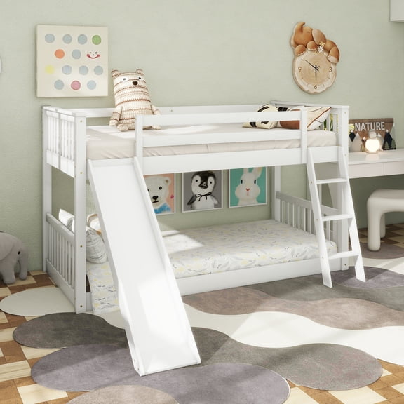 Twin over Twin Bunk Bed with Convertible Slide and Ladder, White