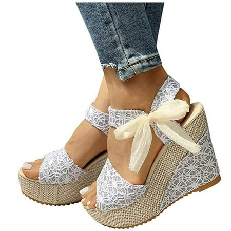 

Womens Lace up Espadrilles Platform Wedges Lace Up Sandals High Heels Elegant Floral Summer Dress Ankle Strap Shoes