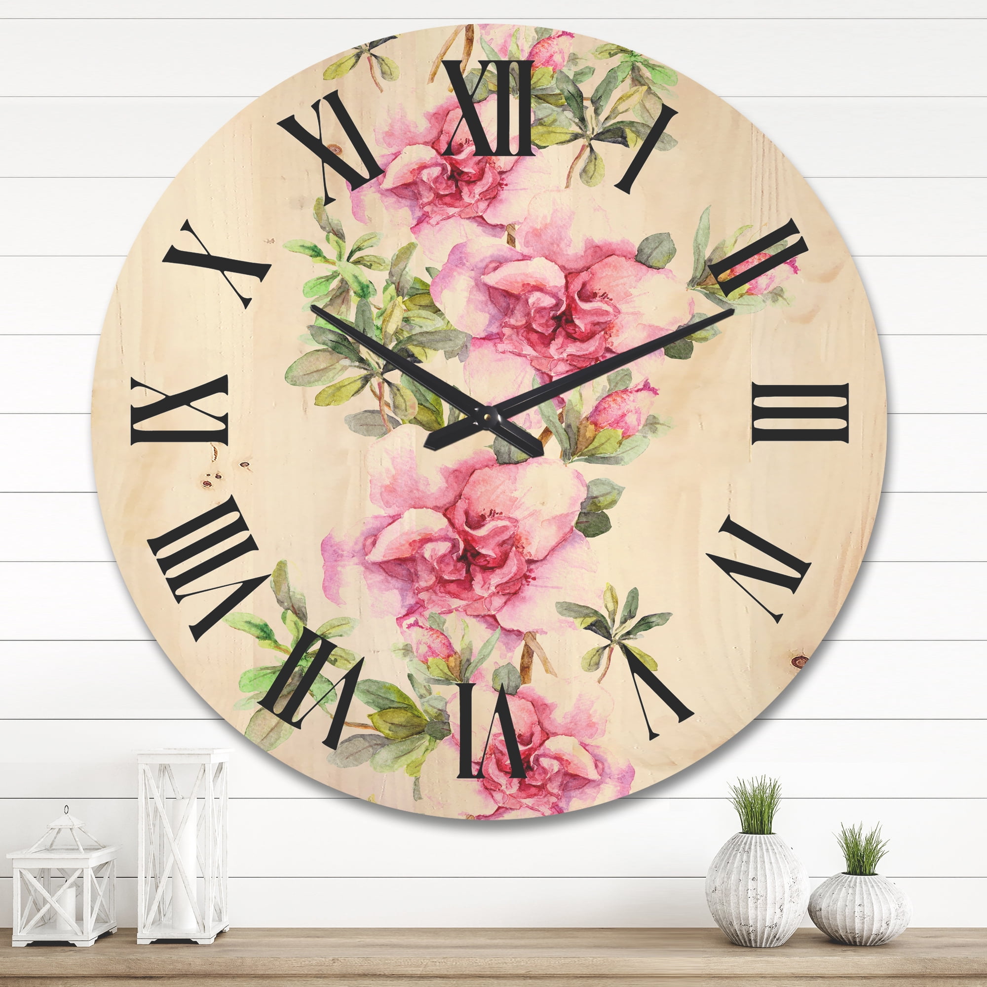 Designart 'Bouquet of Purple and Pink Flowers II' Farmhouse Wood Wall Clock
