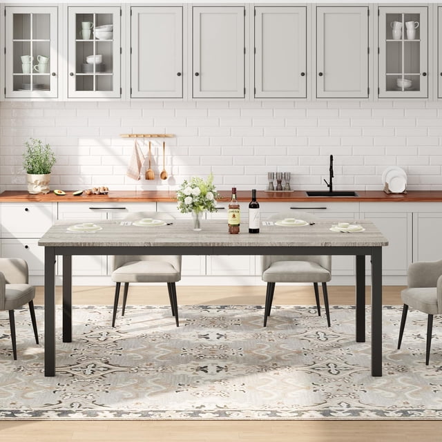 BeesClover Long Dining Table for 6 People, Large Rectangle Wood Kitchen Table with Sturdy Metal Legs, Modern Industrial Dining Room Table with Round Corner