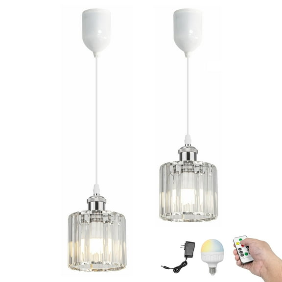 Kiven Battery Operated Pendant Light with Remote, Timer, Dimmable,Set of 2 Rechargeable Hanging Pendant Light Adjustable Height with Crystal Lampshade for Bedroom Kitchen Reading, Silver Finish