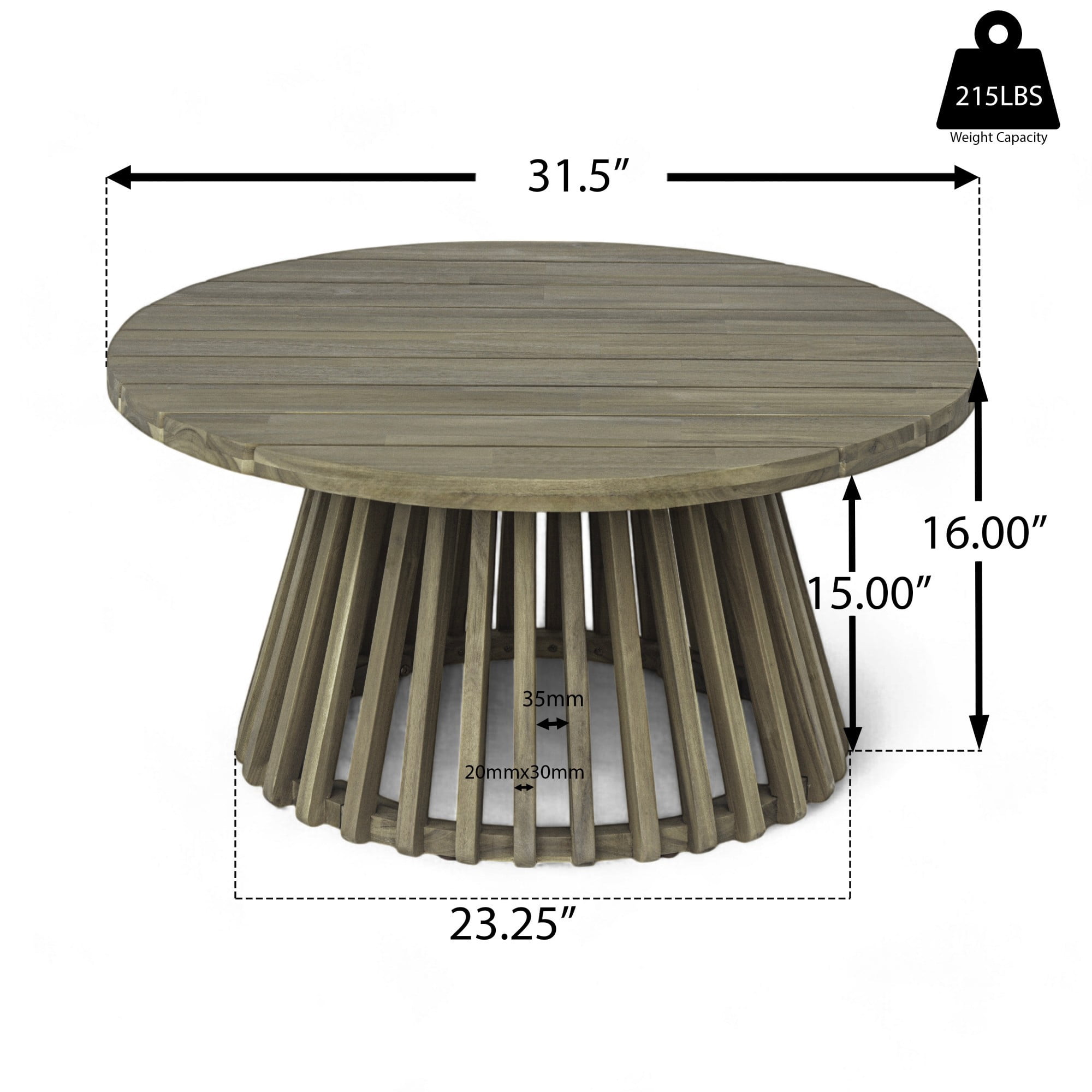 Outdoor Acacia Wood Coffee Table, 31.5" Round Patio Coffee Table for Backyard Balcony Lawn, Weather Resistant Wood Table, Grey
