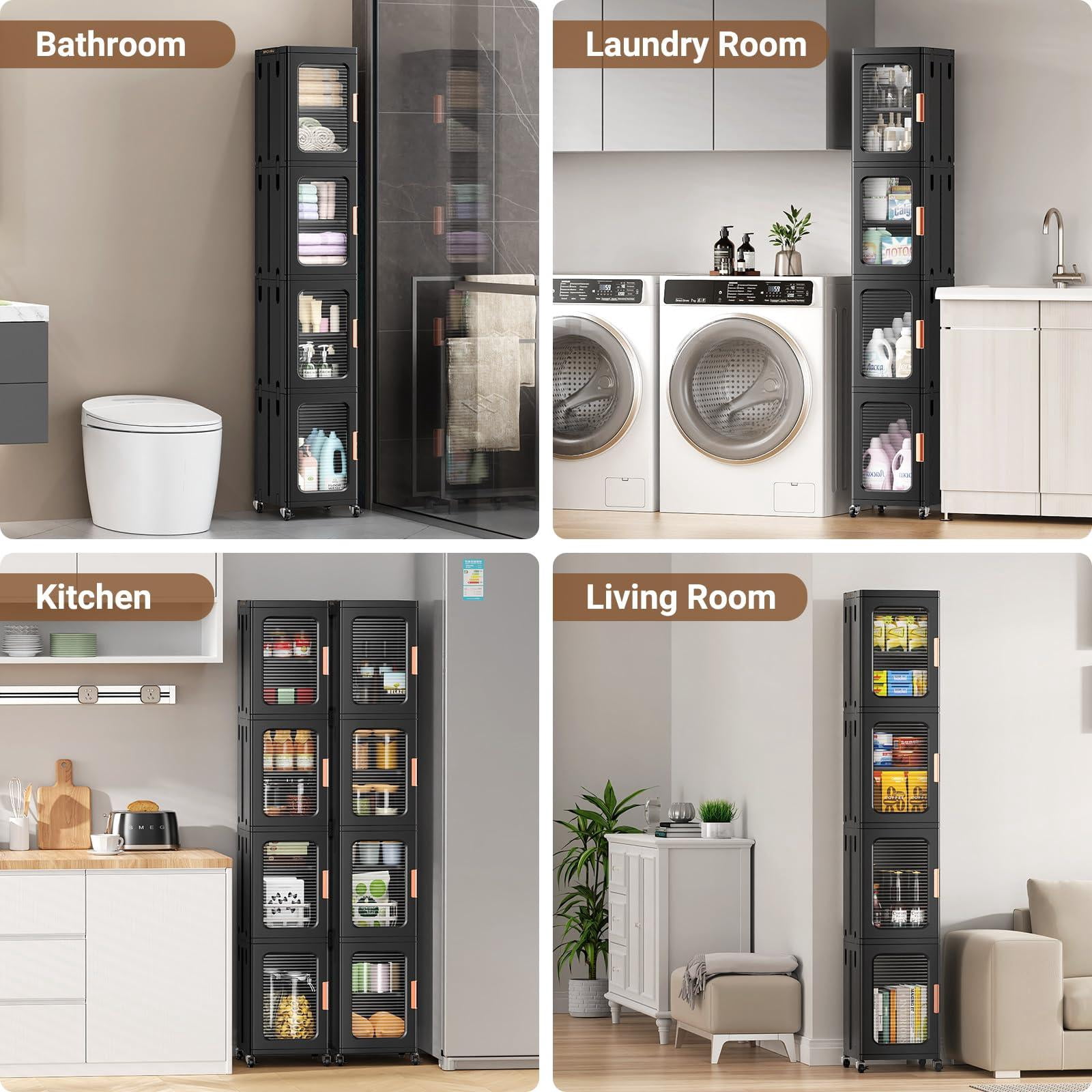 BROVIEW 1-Tier Tall Narrow Storage Cabinet Organizer, Slim Bathroom Cabinets with Doors and Shelves Adjustable, Plastic Kitchen Pantry Organizers and Storages for Small Space, Laundry, Black