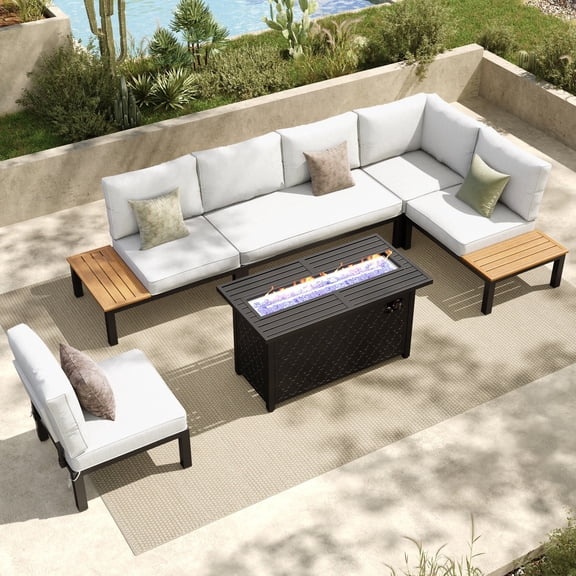 SUMMIT LIVING 6-Piece Outdoor Patio Furniture Set with 45" Fire Pit Table, Outdoor Patio Sectional Set with Built-in Side Table for Balcony & Couch