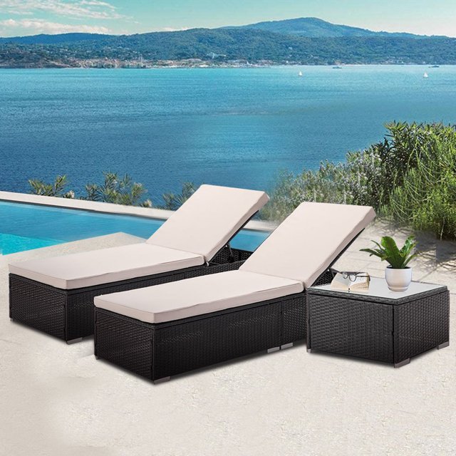 Patio Wicker Lounge Chair, YOFE 3 PCS Patio Chaise Lounge Set with Beige Cushions/Coffee Table, Outdoor Rattan Adjustable Reclining Backrest Lounger Chair, Reclining Chairs for Patio Beach Pool, R5809
