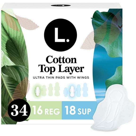 L. Ultra Thin Pads for Women, Organic Cotton Top Layer, Regular   Super Duo Pack Absorbency, Menstrual Pads with Wings, 34 Count