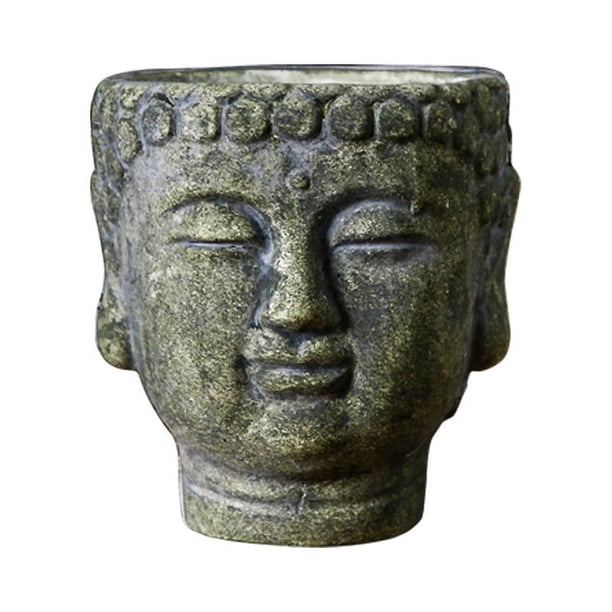 Maceta de cemento con forma de cabeza de Buda, soporte novedoso para brochas de maquillaje, adorno para plantas Verde