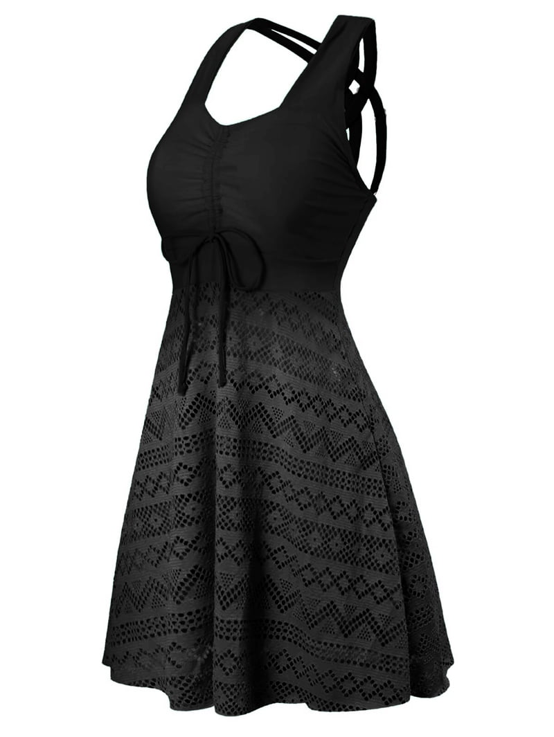 Womens Plus Size High Waist Skirted Swimsuit Tummy Control Lace Mesh Top and Swim Bottoms Black 4XL