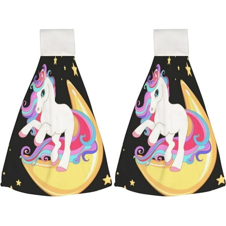 

Hanging Towels 2 Pcs Dish Towels Unicorn with Moon and Stars Absorbent Hand Towels with Hanging Loop Washcloth for Bathroom Kitchen