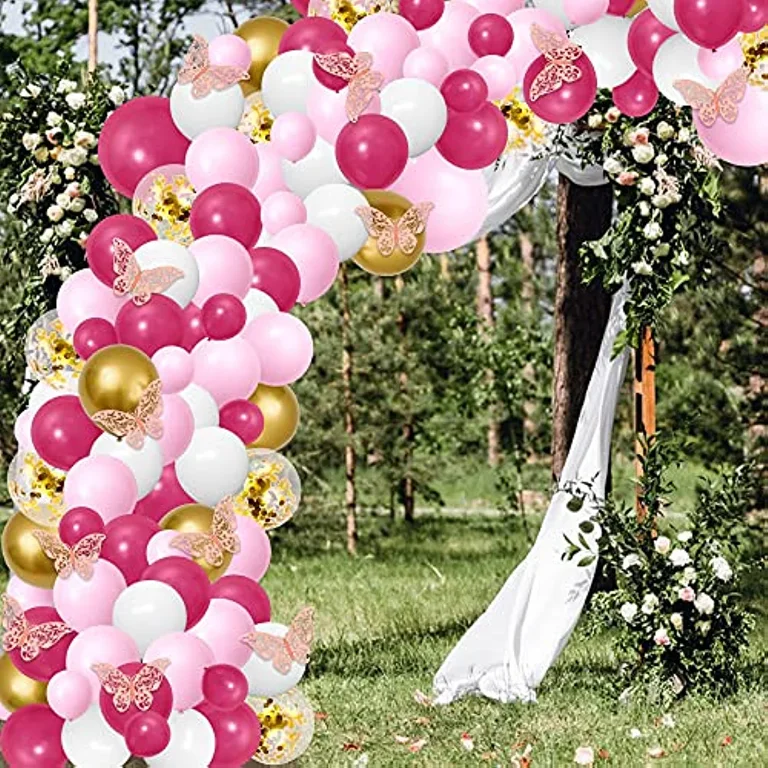 Alice in Wonderland Balloon Garland Arch Kit, Pink, White, Rose red  Balloons with 12pcs 3D Butterfly Stickers for Alice in Wonderland Theme  Party
