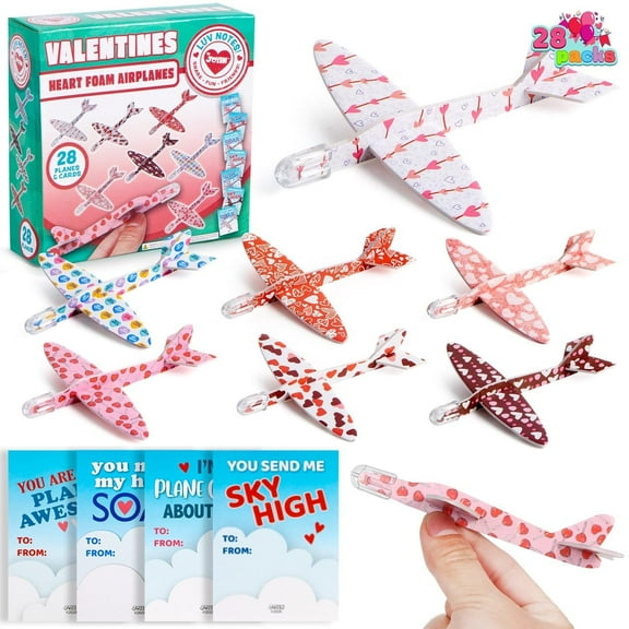 Joyfy 28 Packs Valentines Day Cards with Foam Airplanes for Kids, Valentines Exchange Cards with Boxes for Boys Girls, Valentines School Classroom Party Favors