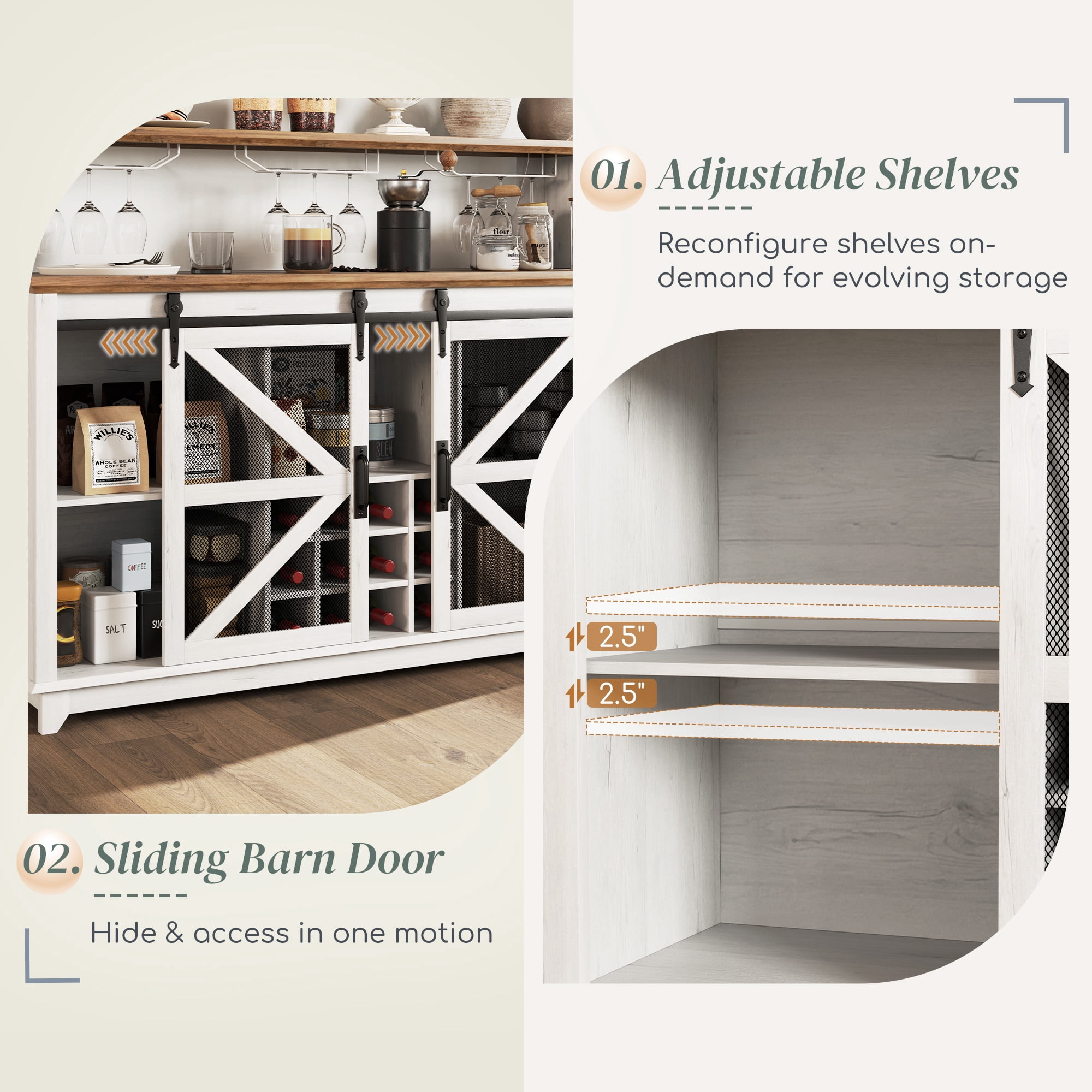 HOQBN 55" Farmhouse Coffee Bar Cabinet with Lights, Freestanding Wine Storage Cabinet with Wine Rack and Glass Holder Racks for Kitchen Dining Room Home, White