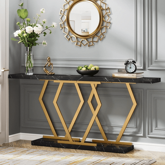 Tribesigns 70.9 Inch Extra Long Sofa Table,Console Table with Faux Marble Tabletop, Modern Entryway Table with Gold Frame (Black Gold)