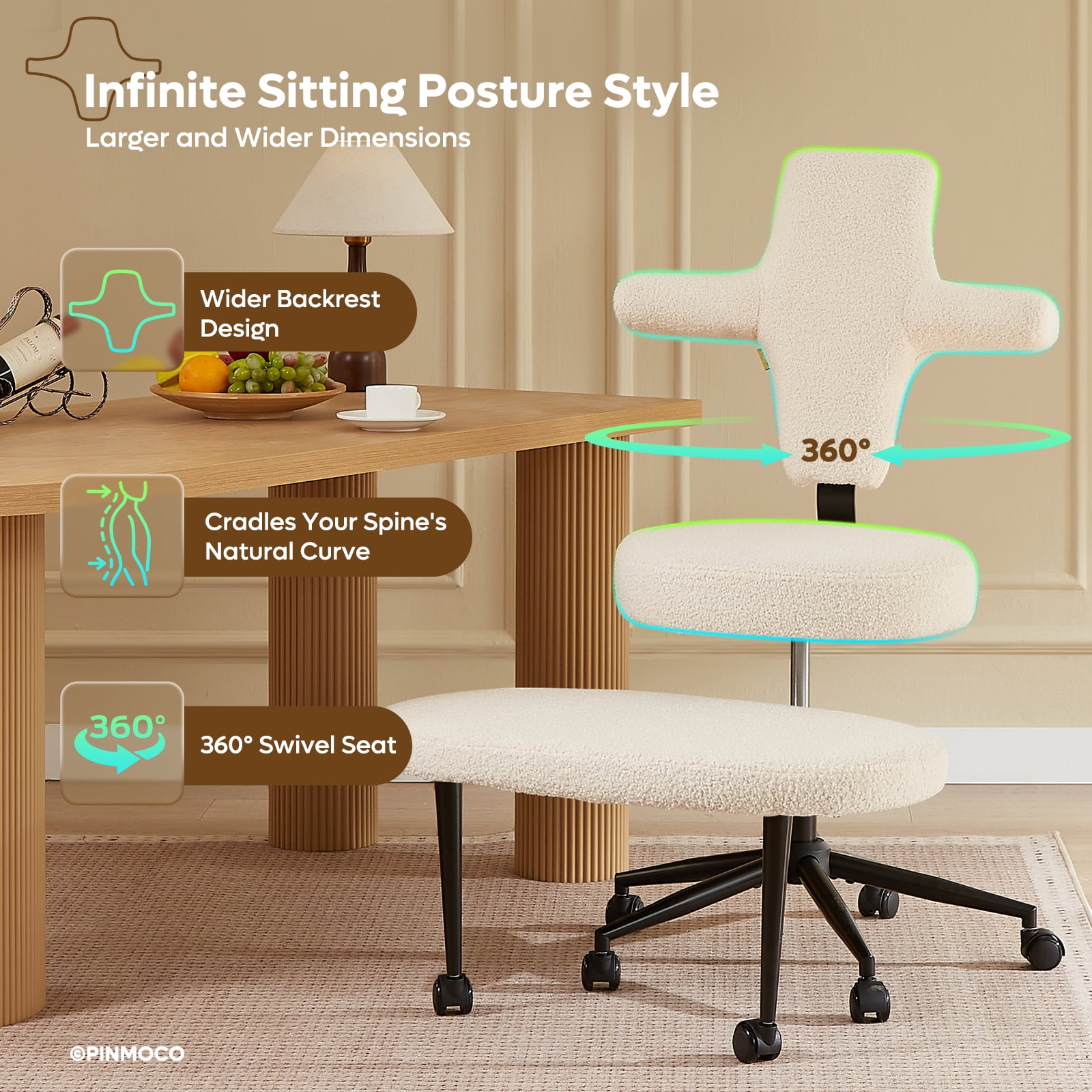 Pinmoco Ergonomic Cross Legged Office Chair, Wide Teddy Fabric Criss Cross Desk Swivel Seating for Home, White
