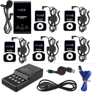 EXMAX Wireless Tour Guide Voice Audio Transmission System ATG-100T 195MHz Whisper Interpretation Equipment for Church Courtroom Simultaneous Translation(1 Transmitter 5 Receivers USB Charging Base)