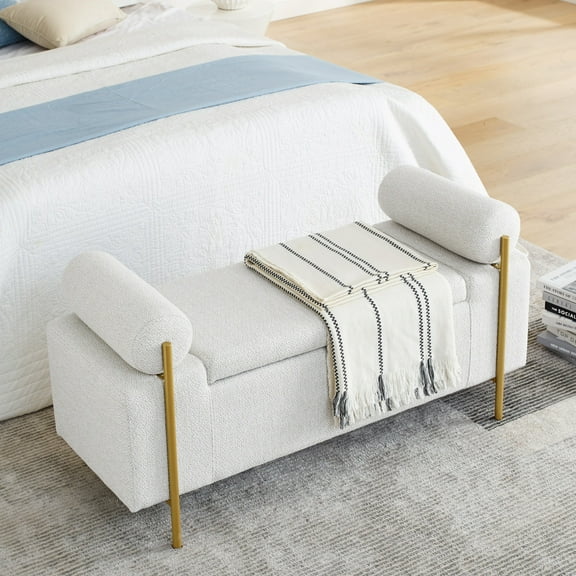 Linen Storage Bench, Upholstered Entryway Bench with Cylindrical Arms and Iron Legs, End of Bed Bench for Bedroom, Porch, Living Room, 250 LBS Weight Capacity, White