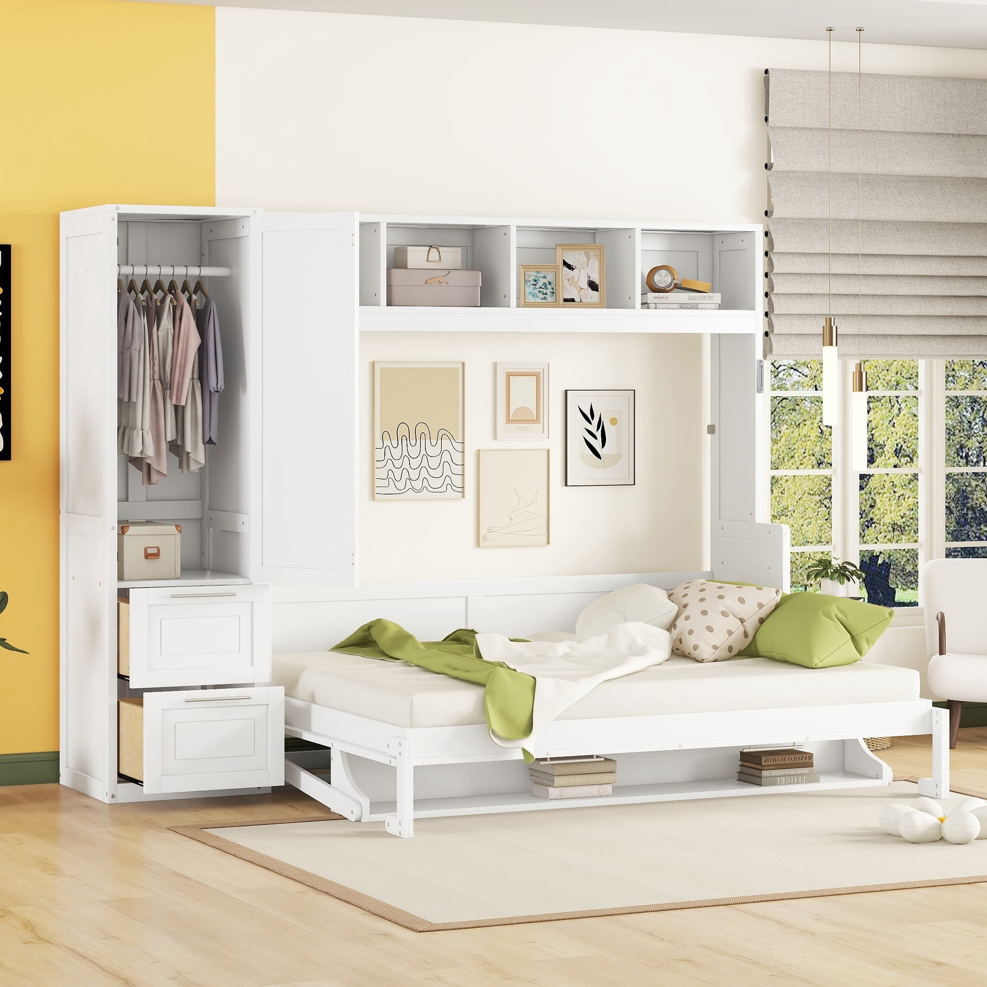 Mintazer Queen Size Murphy Bed with Top Shelf & Wardrobe, Modern Foldable Wall Bed with Drawers for Bedroom Apartment Guest Room, White