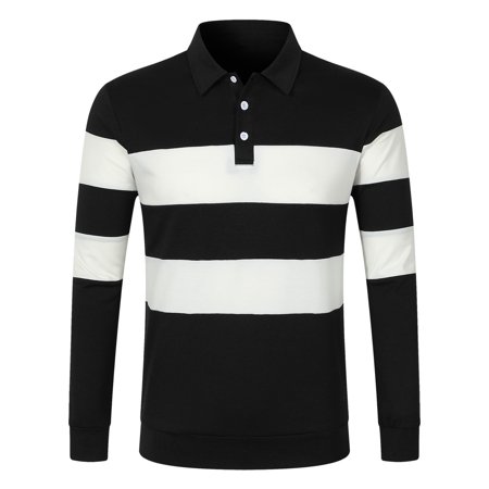 KKBOTIVE Polo Shirts for Men Casual Striped Shirt Button Down Collared Polo Shirt Fashion Fall Spring Clothes Mens Apparel ( Black Size: L )