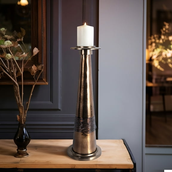 Modern Metal Pillar Candle Holder - Elegant Aluminum Taper Stand for Home & Office Decor - 21" Bronze & Copper