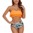 thumbnail image 1 of Traje de baño para mujer, 2 piezas, tirantes finos, dobladillo con volantes, elástico, fruncido, acolchado inalámbrico, traje de baño naranja XL, 1 of 6