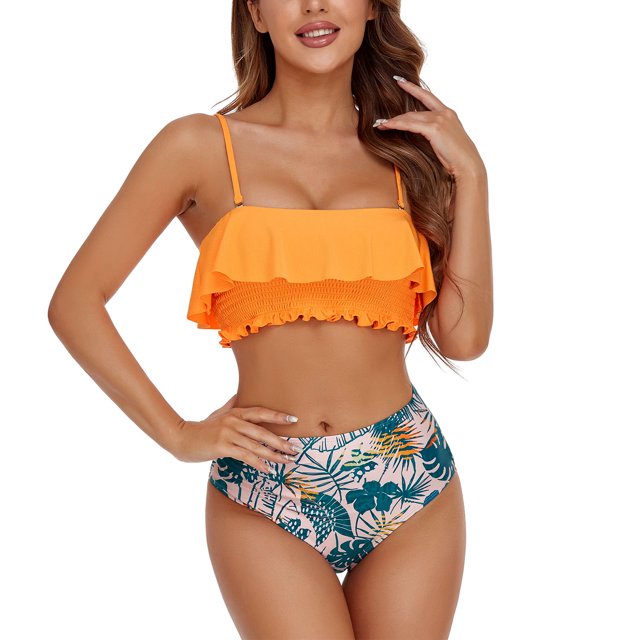 Traje de baño para mujer, 2 piezas, tirantes finos, dobladillo con volantes, elástico, fruncido, acolchado inalámbrico, traje de baño naranja XL