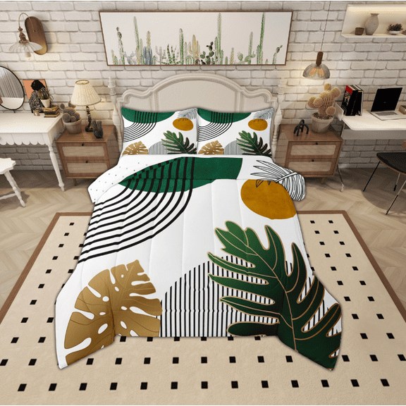 Manfei Tropical Monstera Leaf Bedding Comforter Set,Modern Geometric Aesthetic Twin Comforter Sets,Black Stripes Lines Bedding Set For Men Women,Microfiber Bedroom Decor Reversible,2 Pieces