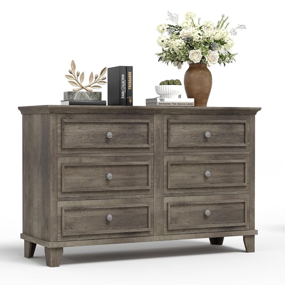Modern 6 Drawer Wide Wooden Dresser Metal Handles Storage Chest TV Stand for Bedroom Living Room