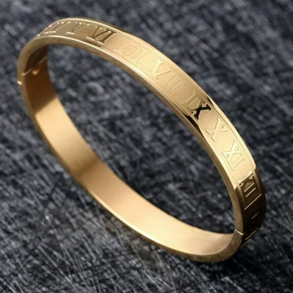 EOEMY Luxury Men Gold Stainless Steel Roman Numeral Cuff Wristband Bangle Bracelets-Gold Plated