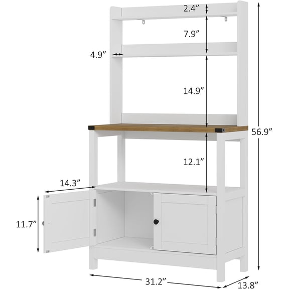 Microwave Stand Bakers Rack Cabinet, Freestanding 5-Tier Kitchen Shelves, Farmhouse Floor Hutch Door Thickened Counter,Utility Storage Shelf, Coffee Bar(White and Brown)