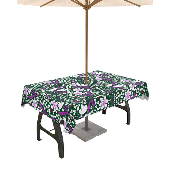 Fsddascl Purple Green Flowers Outdoor Tablecloth - 60x84 Inch Rectangle Dining Table Cover, Watercolor Pastoral Botanical Waterproof Outdoor Table Cloth with Umbrella Hole & Zipper for Picnic/Patio