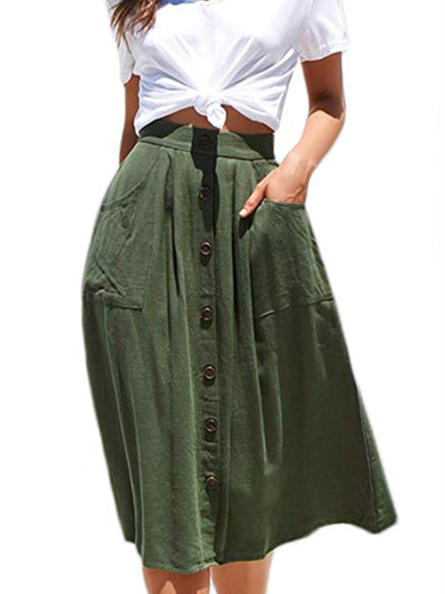 LELINTA Women's A-Line High Waisted Button Front Drawstring Pleated Midi  Skirt with Elastic Waist Knee Length Summer Skirt - Walmart.com