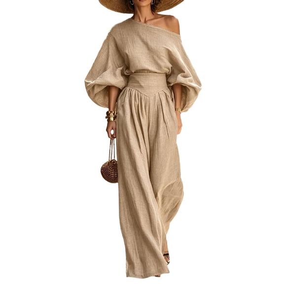 Szluipve 2 Piece Sets for Women Off‑Shoulder 2 Piece Outfits Puff Long Sleeve Slanted Shoulder Top & High Waist Pleated Wide Leg Pants Casual Vacation Matching Set Khaki L