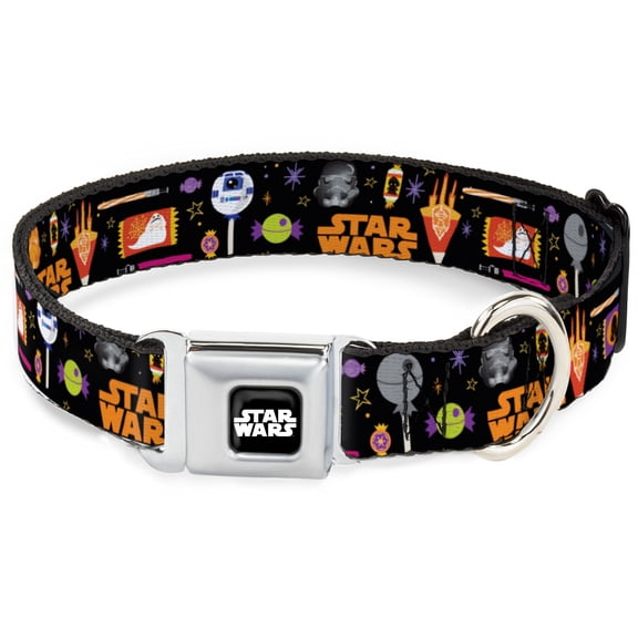 Star Wars Pet Collar, Dog Collar Metal Seatbelt Buckle, Star Wars Festive Candy Icons Collage Multi Color, 9.5 to 13 Inches 1.0 Inch Wide