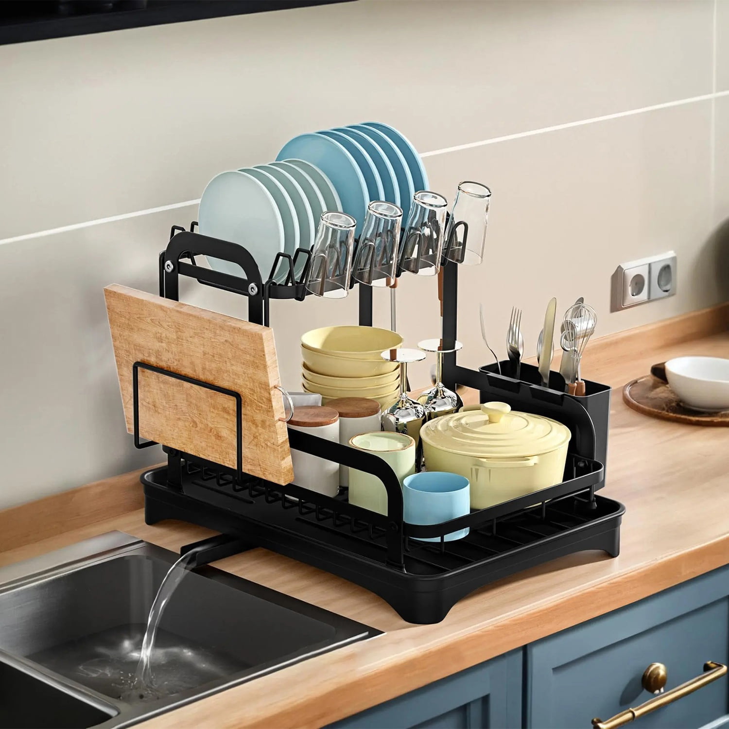 2-Tier Dish Drying Rack for Kitchen Counter TeqHome Rustproof Detachable Kitchen Drainer Organizer Set with Utensil Holder