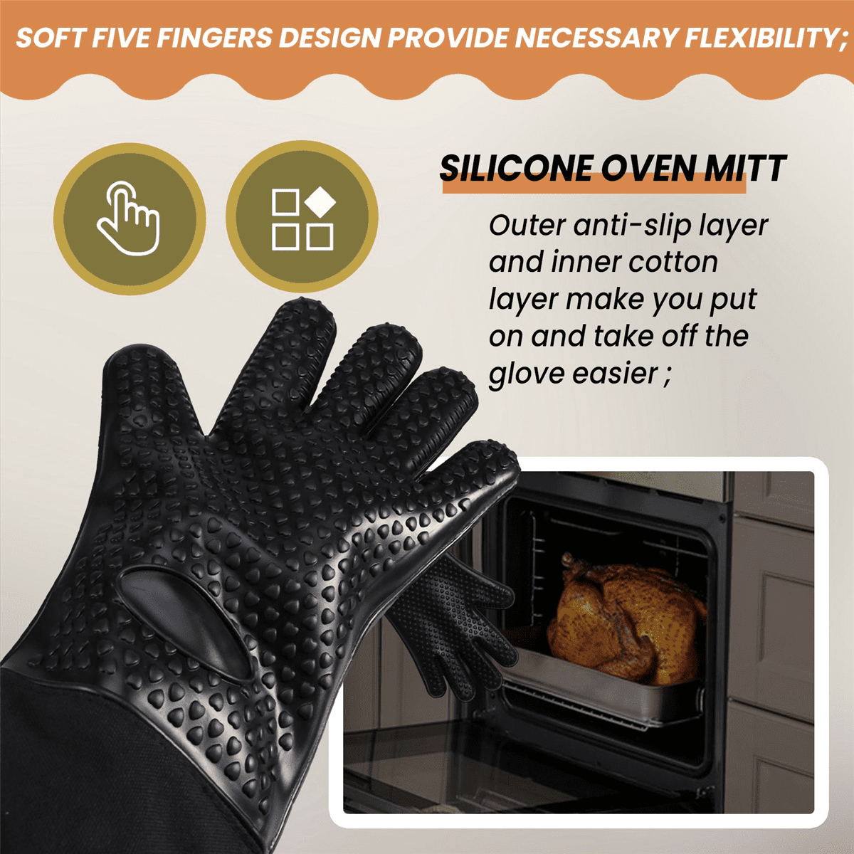 Extra Long Professional Silicone Oven Mitt, Heat Cooking Glove With Internal Cotton For Kitchen,Bbq,Baking,Grill - Black