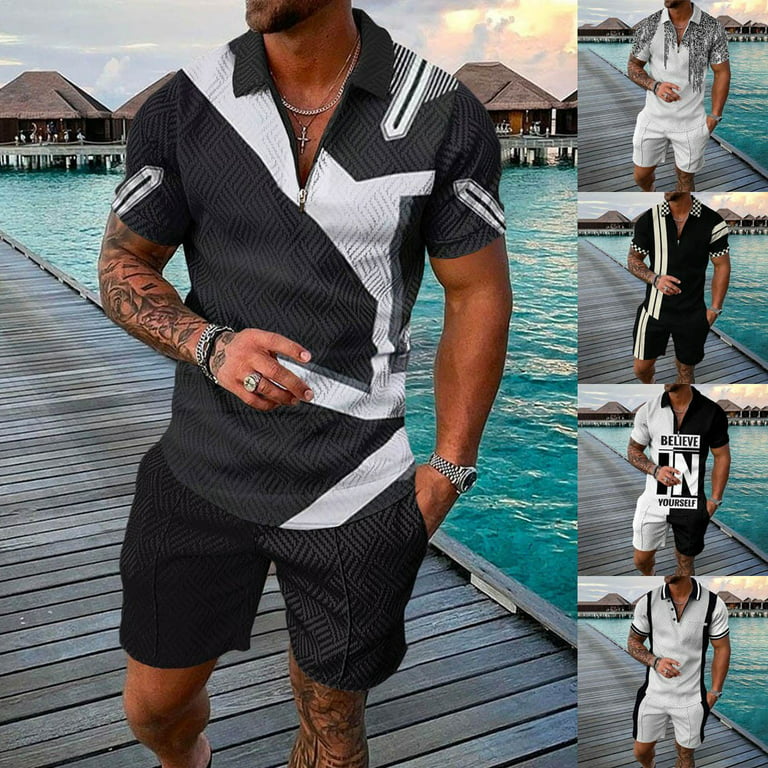Men's Summer Outfit 2-Piece Set Short Sleeve zip Shirts and Shorts  Sweatsuit Set T1092 size L