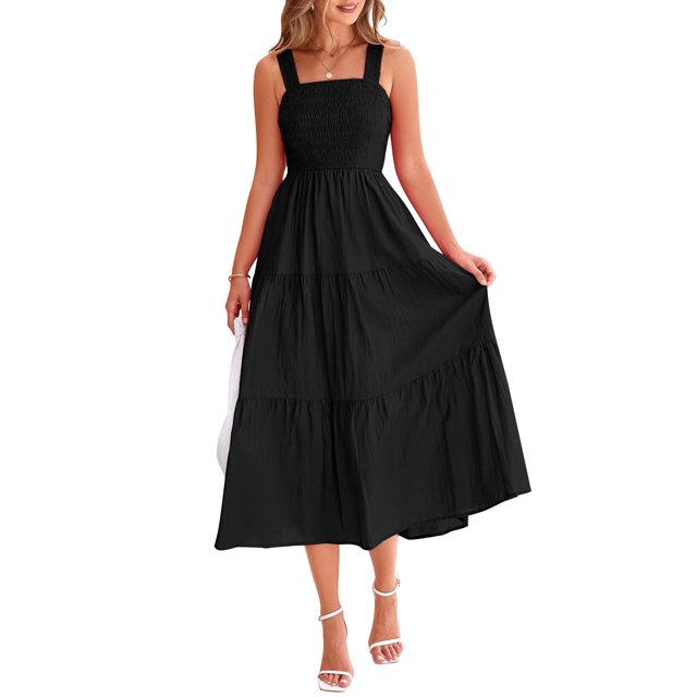 Vestido PRETTYGARDEN para mujer, midi, fruncido, de verano, negro