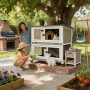 PETSCOSSET 36L Rabbit Hutch Indoor Wooden 2 Story Bunny Hutch Rabbit Cage Outdoor Bunny Cage on 4 Metal Wheels and 2 Deeper Pull Out Trays,Ramp,Guinea Pig Pet House for Small to Medium Animals,Grey