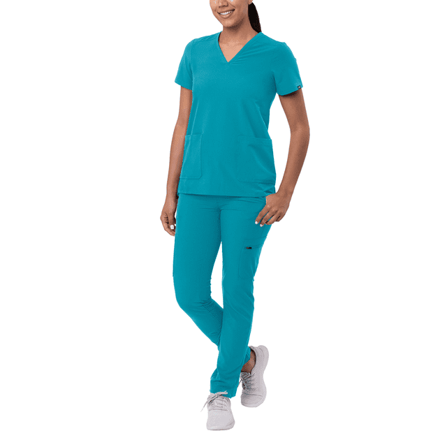 Adar Addition Go-Basic Scrub Set For Women - Slim V-Neck Scrub Top & Skinny Cargo Scrub Pants