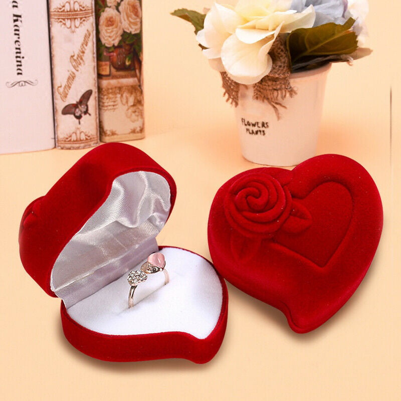 Red Love Heart Shaped Velvet Flocked Ring Box Wedding Proposal Present Ring Box 