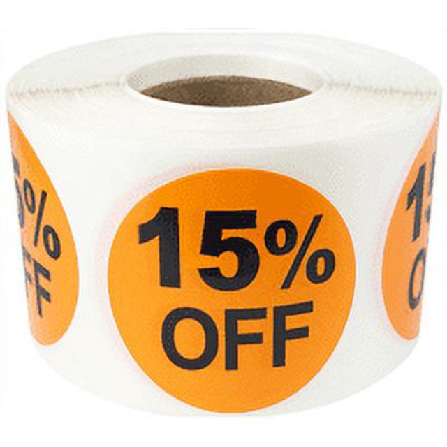 Orange 15% Percent Off Stickers for Retail, 1.5 Inch Round, 500 Labels on a Roll