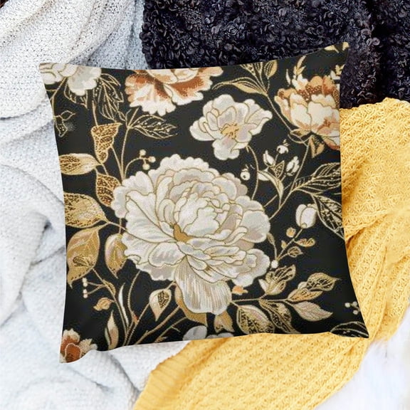 FCXZI Floral Print Throw Pillow Cover Black Background Gold Accents 18x18in