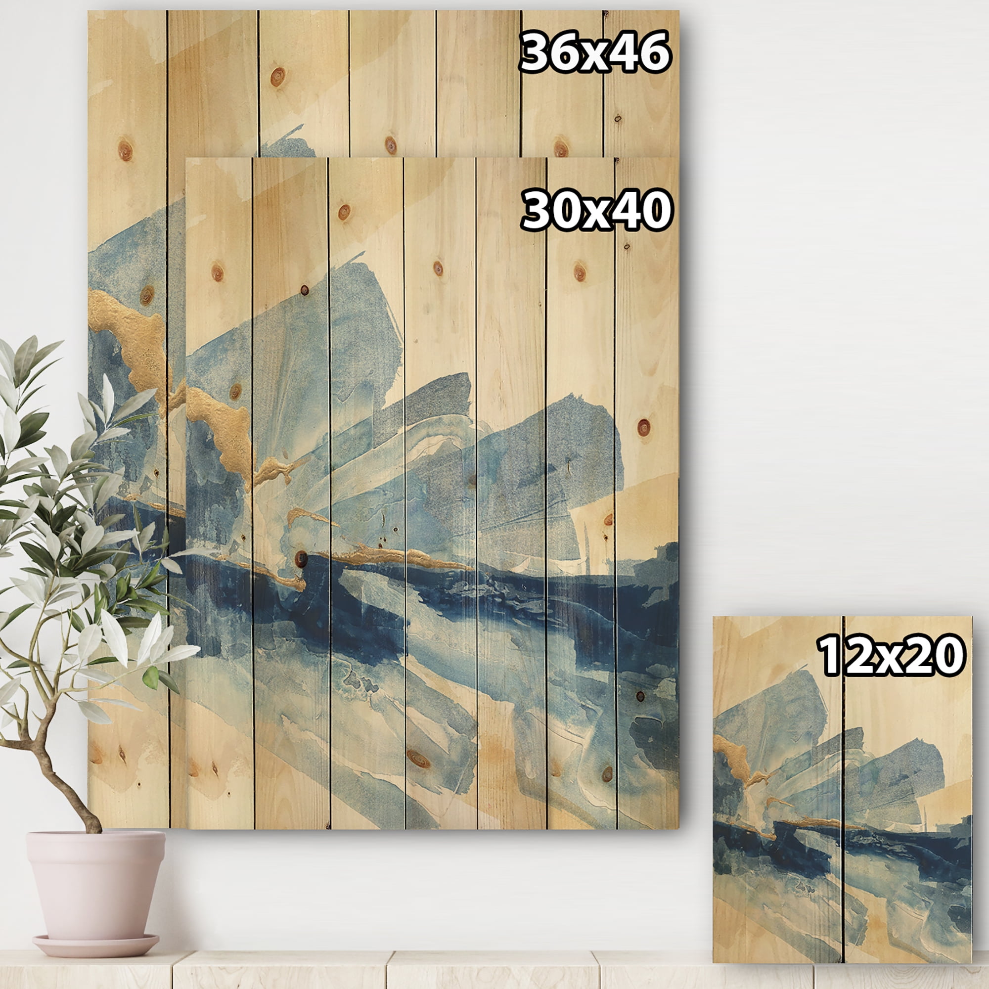 Designart 'Gold Metallic Indigo I' Modern Glam Print on Natural Pine Wood