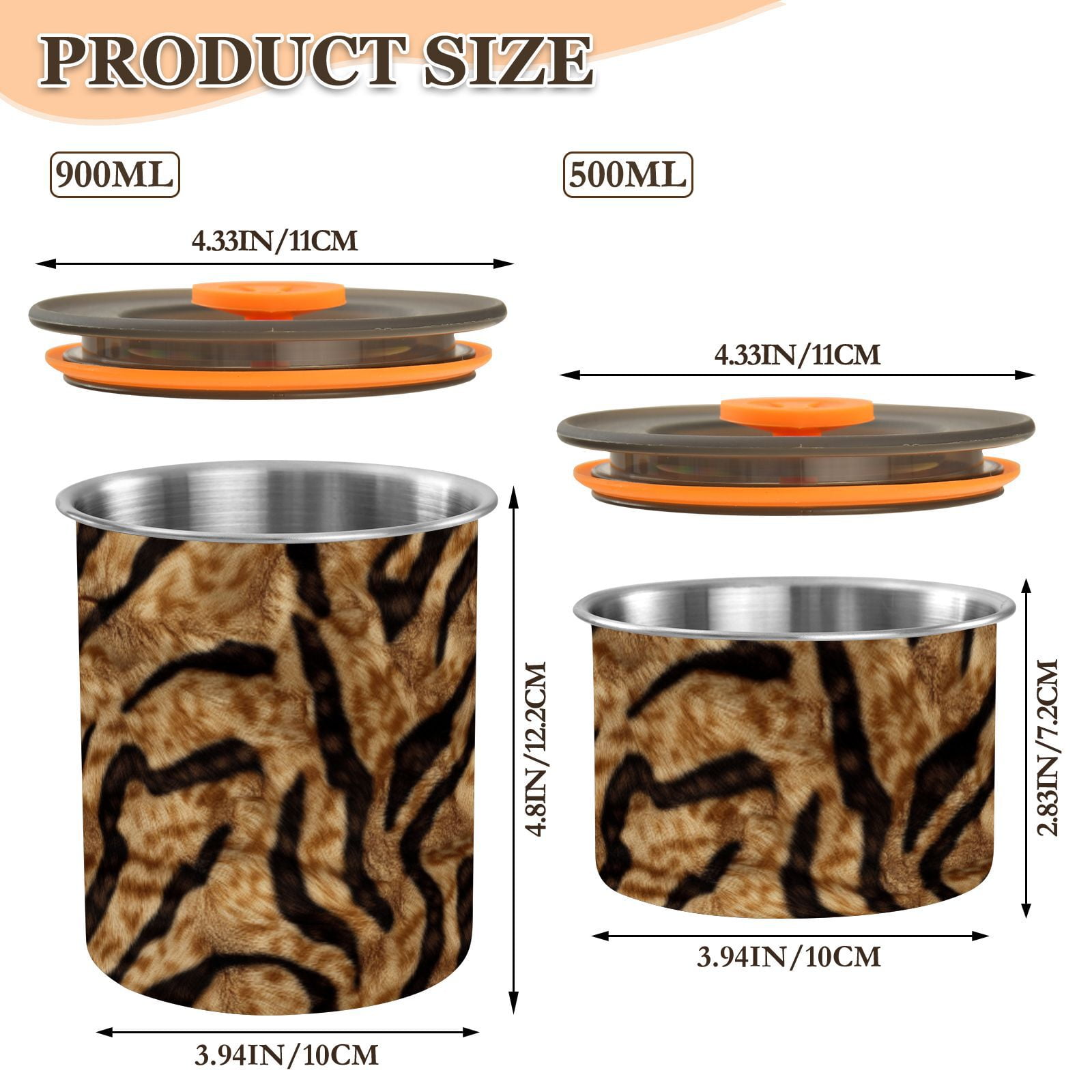 Brown Tiger Print Airtight Coffee Bean Canister 30oz Food Storage Containers with Lids For Gournd, Tea, Sugar, Flour, Rice, Cereal, Candy Cookie Jar
